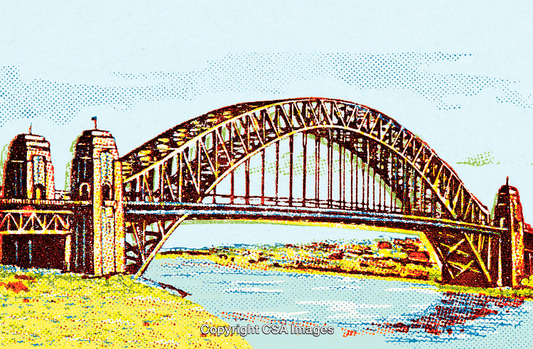 Vintage Illustration of a Famous Bridge in Scenic Surroundings