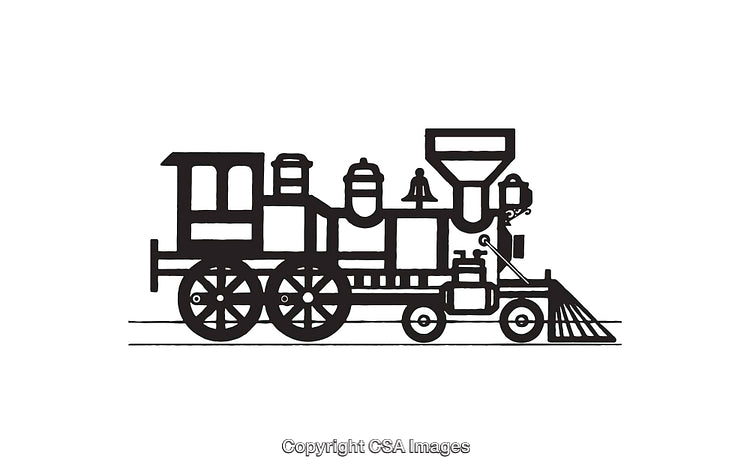Vintage Black and White Line Art of a Steam Locomotive