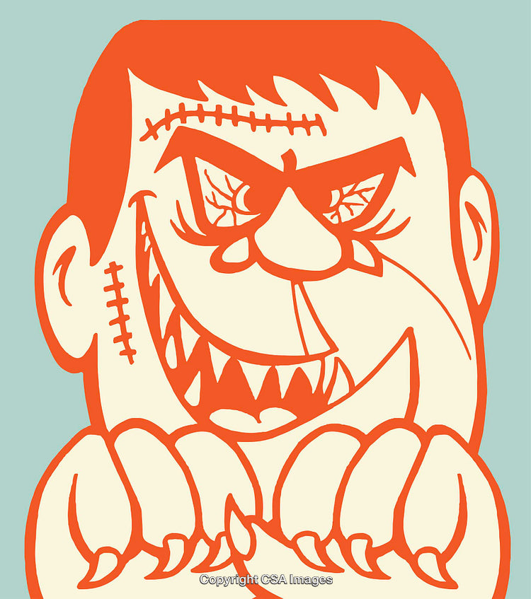 Cartoonish Illustration of a Monster Face in Bold Orange Line Art