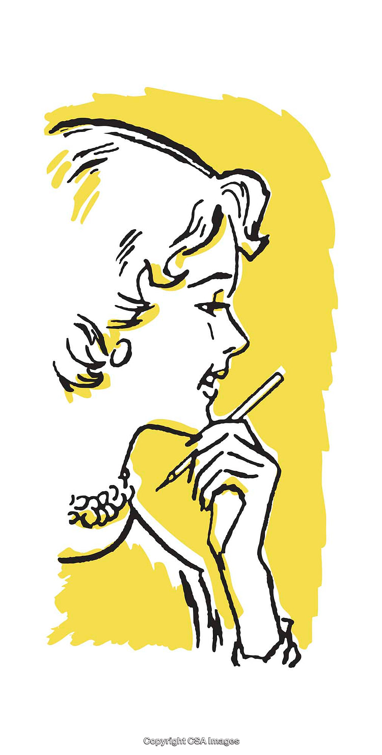 Retro Illustration of a Woman with a Pencil on Yellow Background