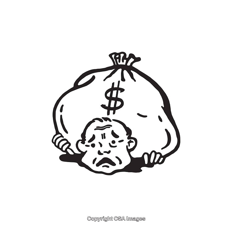Black and White Illustration of Man Struggling Under a Large Money Bag