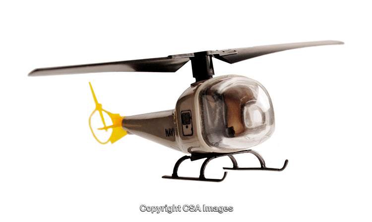 Plastic Toy Helicopter with Yellow Tail on a White Background
