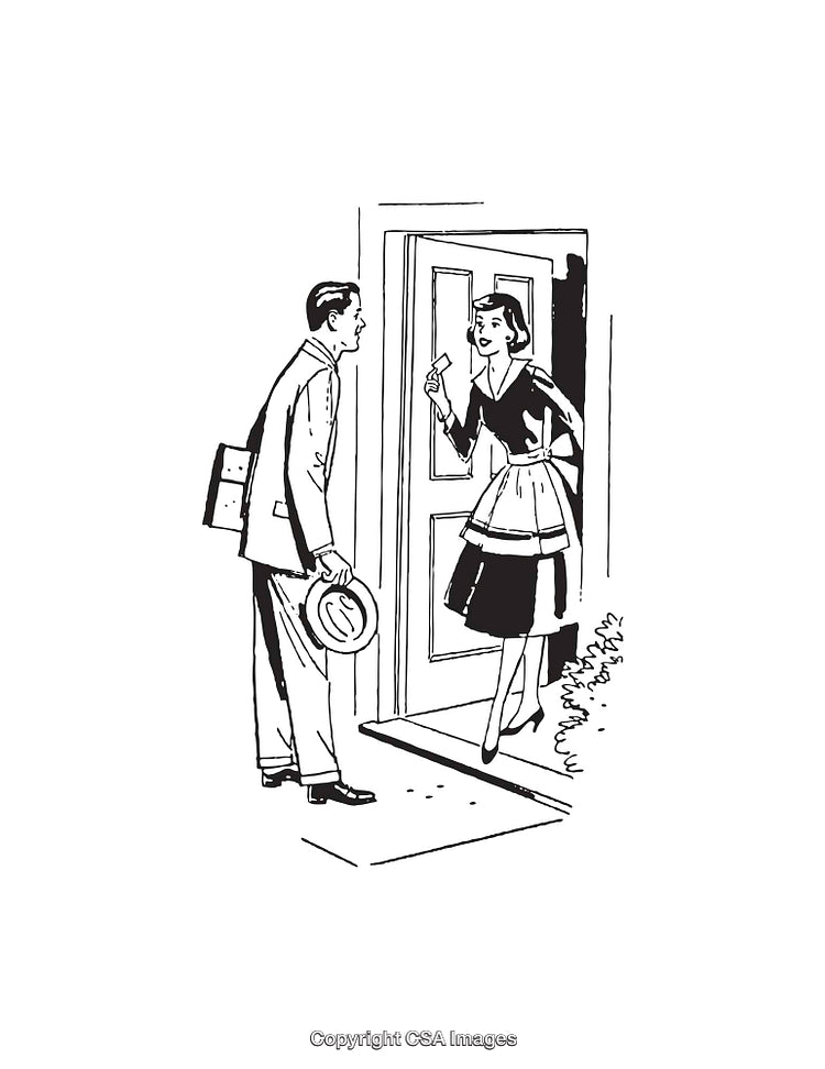 Retro Black And White Illustration of a Conversation Scene at a Doorway