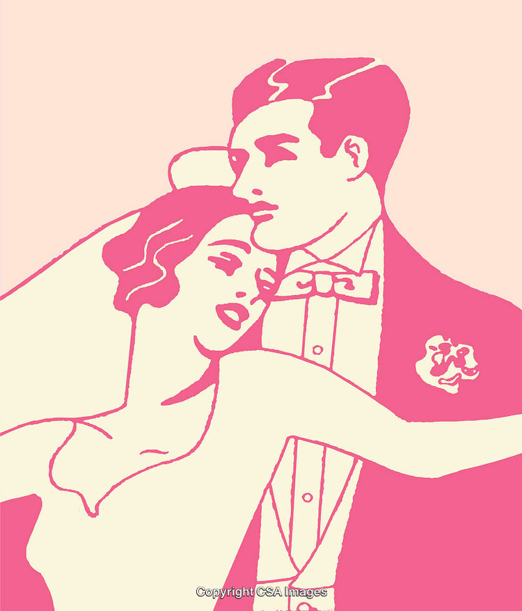 Elegant Line Art Illustration of a Romantic Couple in Vintage Style