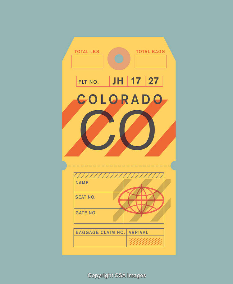 Vintage Colorado Travel Tag with Yellow Design and Red Accents