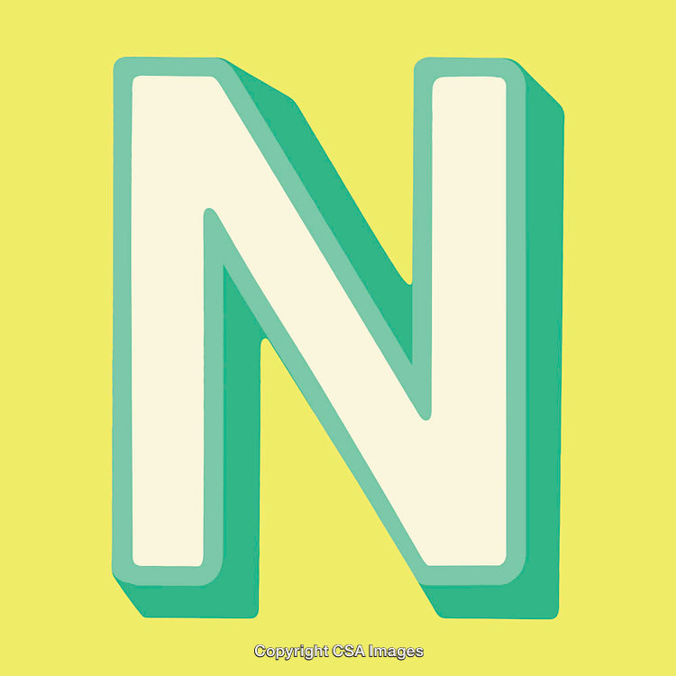 Stylized Letter N on Bright Yellow Background with Bold Green Shadows