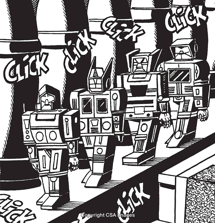 Monochrome Comic-Style Robots in an Assembly Line Setting