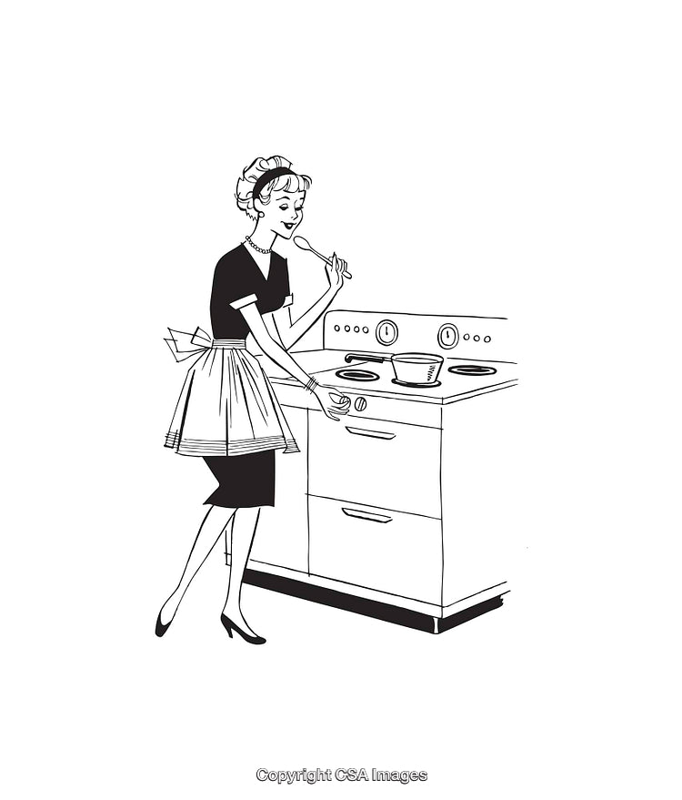 Vintage Illustration of a Woman Cooking in a Retro Kitchen