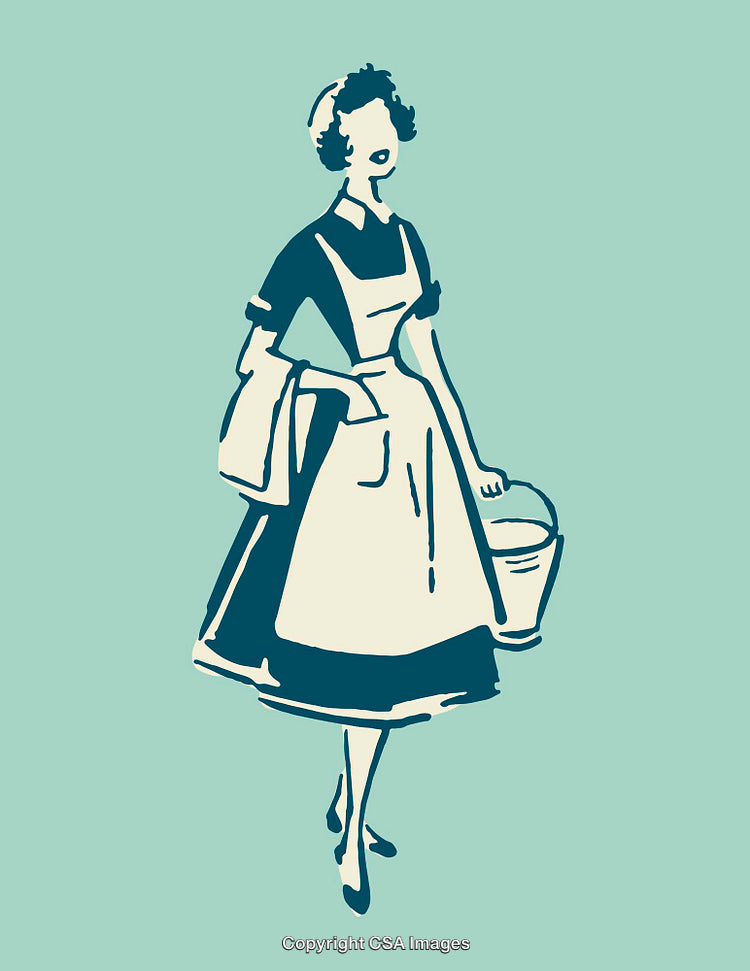 Retro Maid Illustration on Teal Background in Classic Line Art Style
