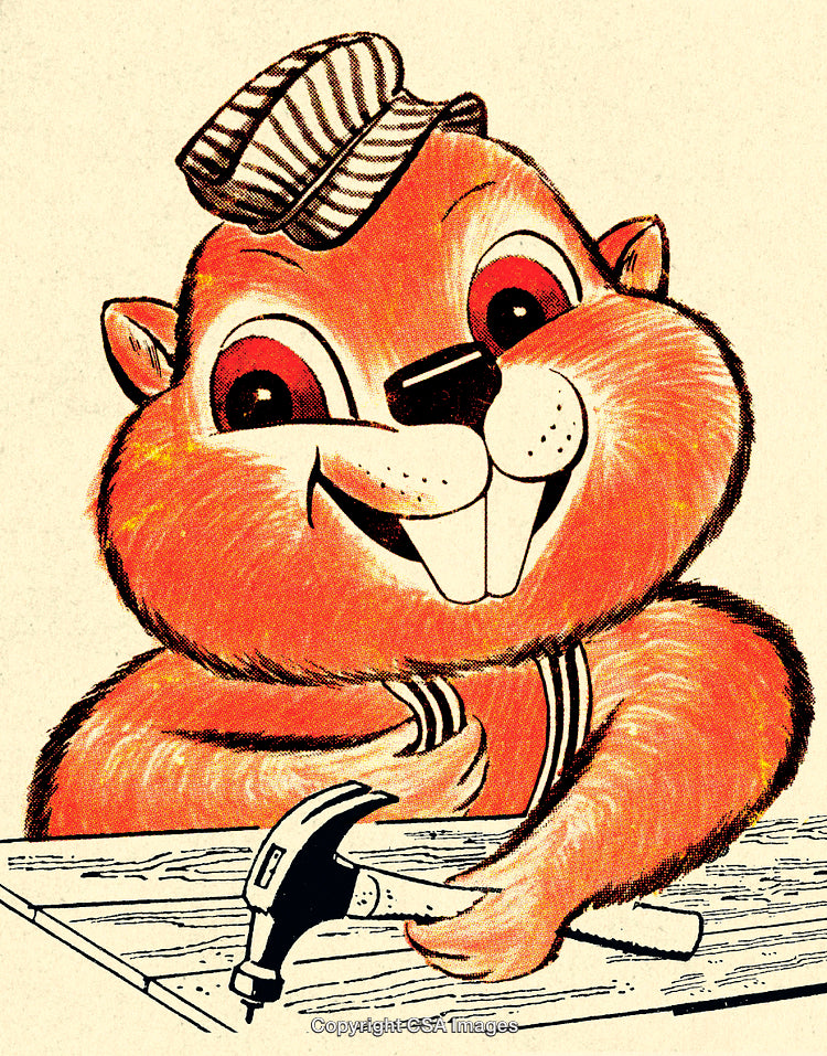 Cheerful Cartoon Animal Carpenter with Hammer on Wooden Plank Task