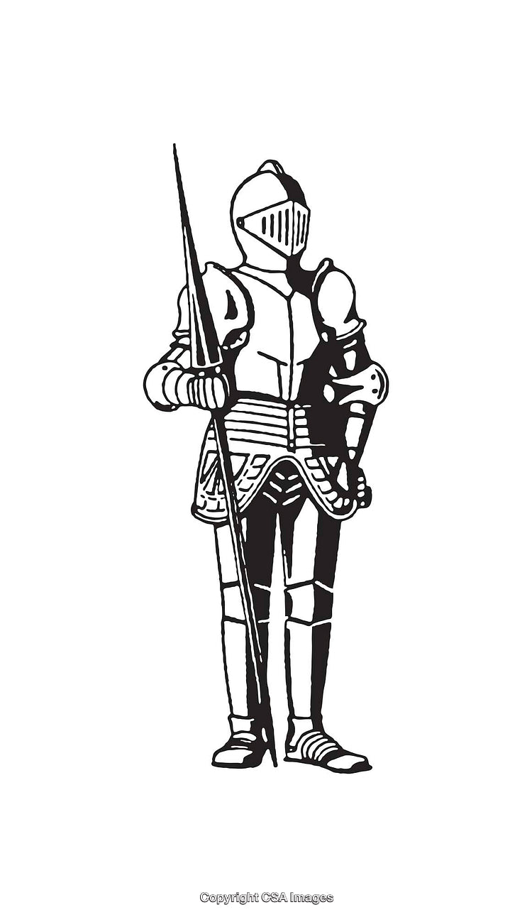 Knight in Medieval Armor Holding a Spear in Black and White Line Art