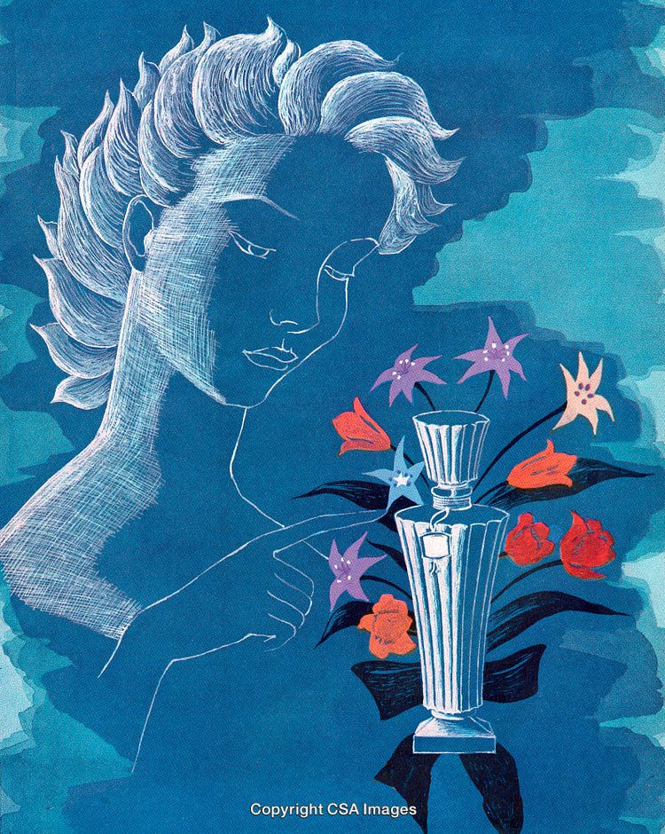 Stylized Woman in Blue Background with Flower Arrangement and Perfume Bottle