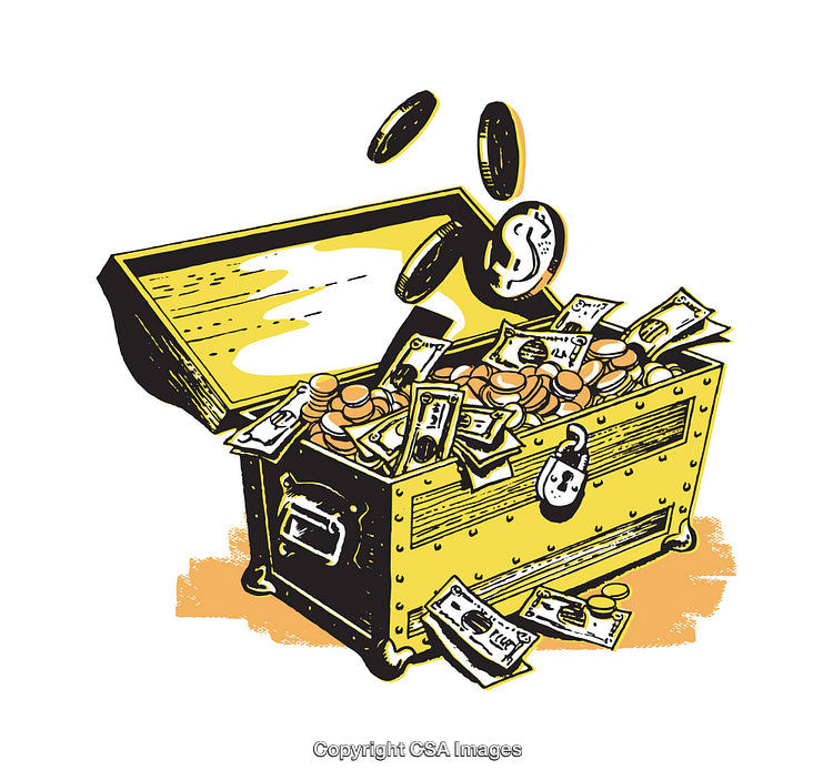 Treasure Chest Bursting with Coins and Bills in a Vintage Illustration Style