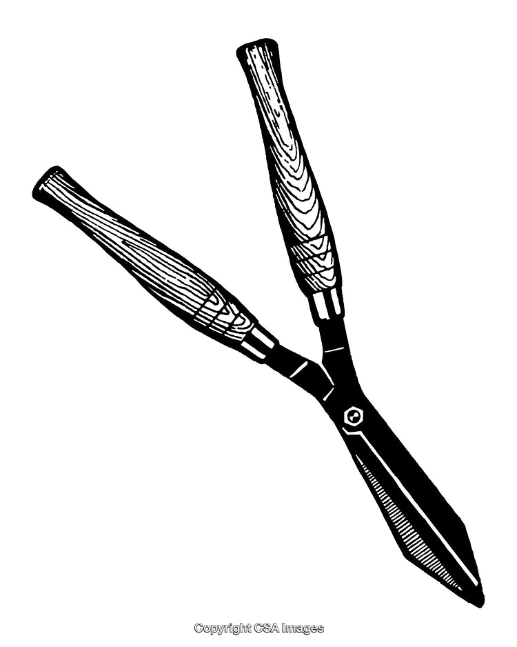 Black And White Engraving of Garden Shears with Detailed Etched Handles