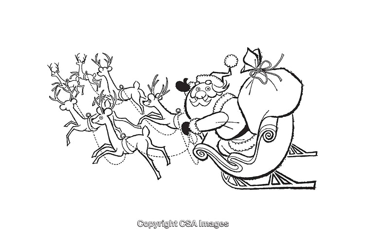 Santa Claus Riding Sleigh with Flying Reindeer in Holiday Line Art Illustration