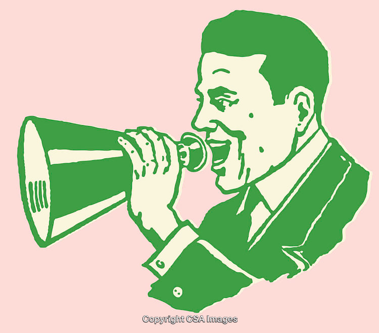 Retro Style Businessman Shouting Through a Megaphone in Color Illustration