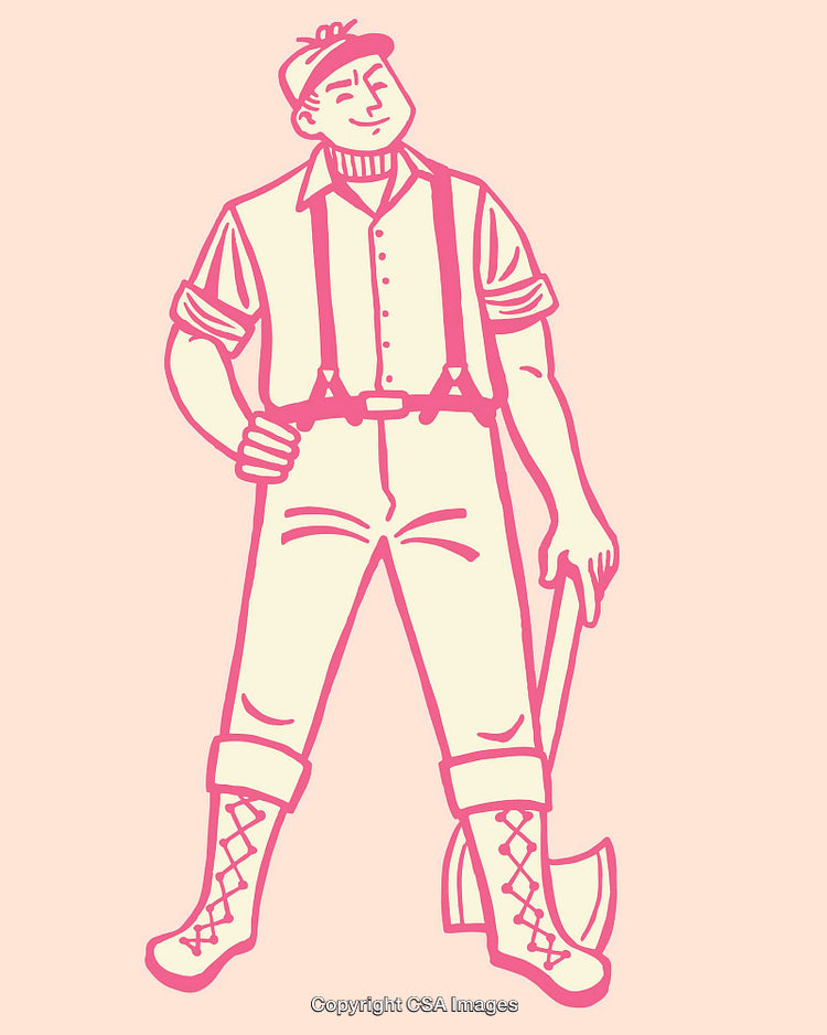 Vintage Lumberjack Illustration in Pink Monochrome Line Art Style