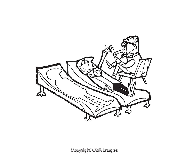 Psychoanalytic Session Depicted in Humorous Black-and-White Line Art Style