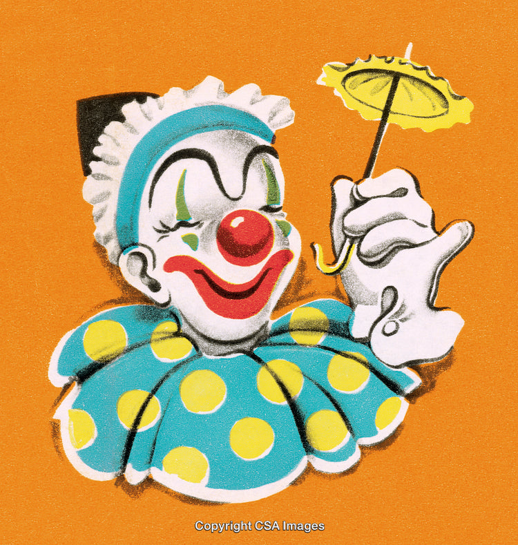 Cheerful Cartoon Clown Holding a Parasol on Orange Background