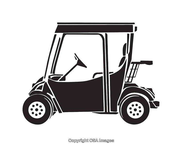 Black and White Line Art of Golf Cart Side View Illustration
