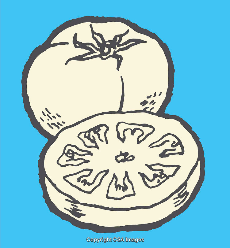Illustration of a Whole and Sliced Tomato on a Blue Background