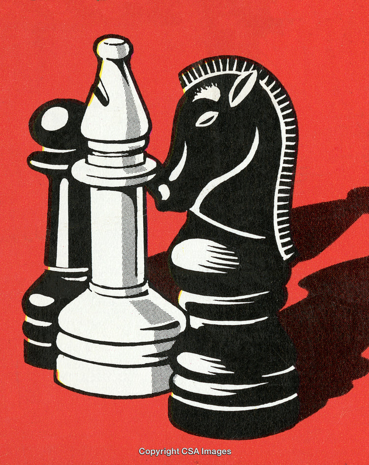 Black and White Chess Pieces Illustrated on a Red Background
