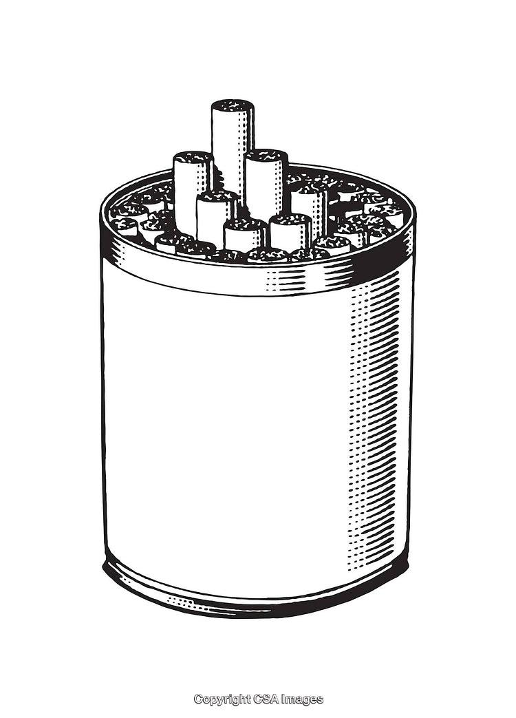 Black and White Line Art of Cylindrical Object with Protruding Geometric Shapes