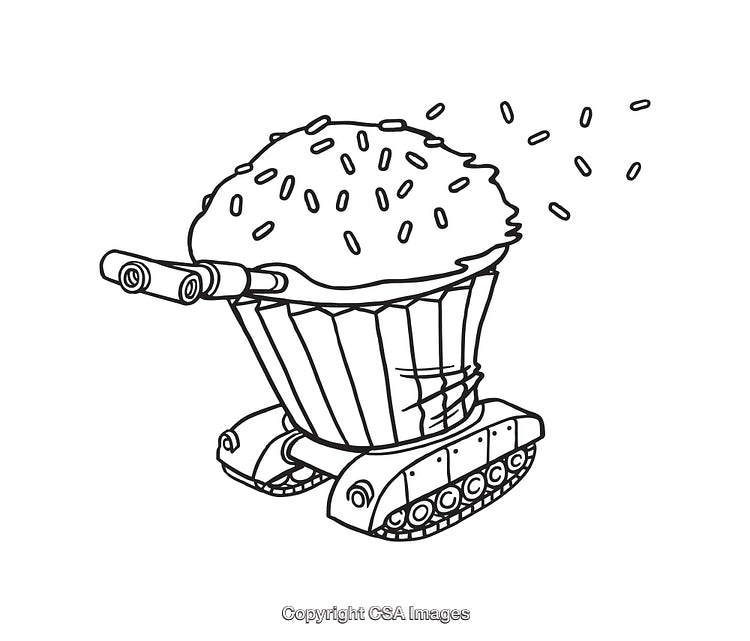 Creative Cupcake Tank Illustration in Black and White Line Art