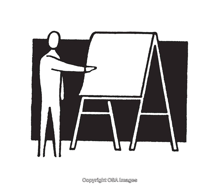 Black and White Illustration of Presenter with a Flip Chart