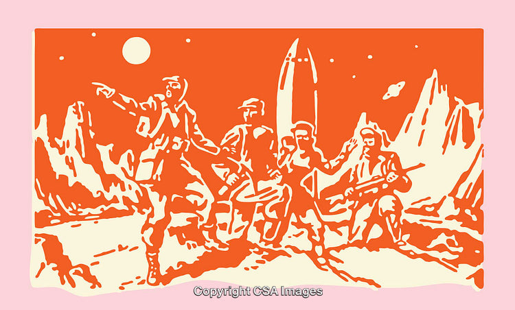 Explorers in Retro Science Fiction Landscape with Space Elements