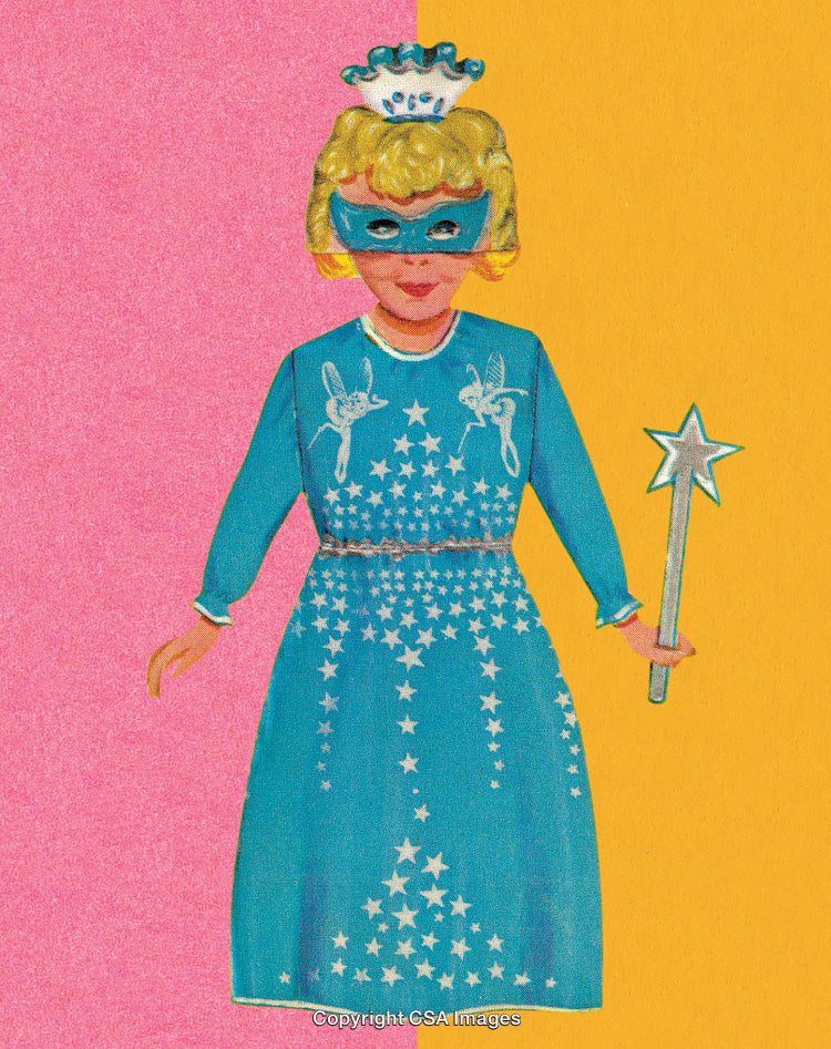 Vintage Illustration of a Girl in a Magical Starry Costume Holding a Wand