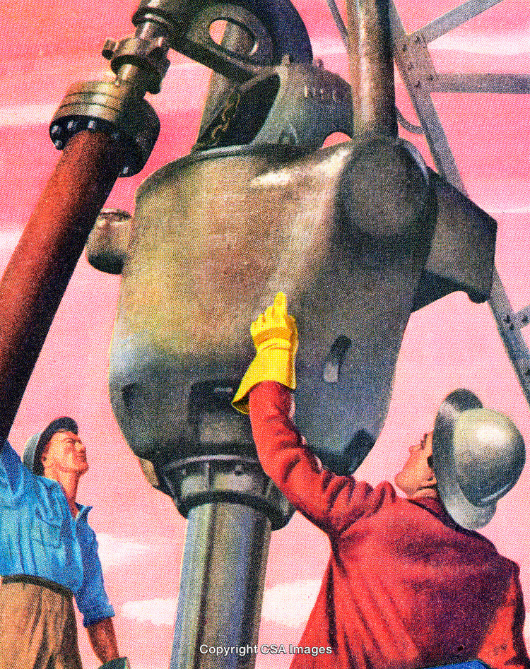 Industrial Workers Examining Equipment Against a Vibrant Sunset Background