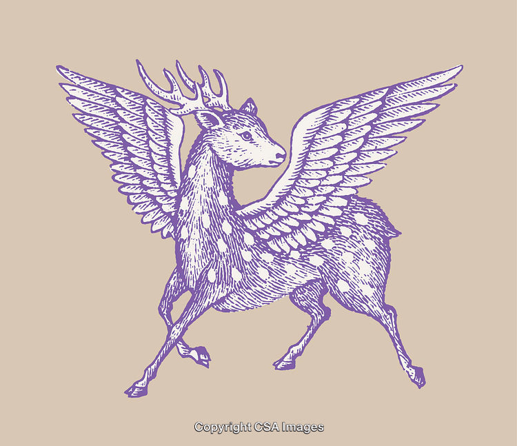 Flying Mythical Winged Deer Illustration in Vintage Line Art Style