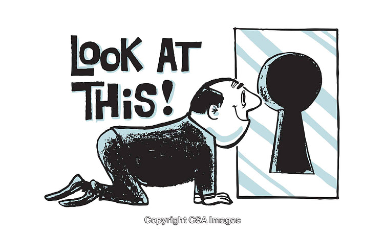 Curious Man Peeking Through Keyhole in Retro Cartoon Style Illustration