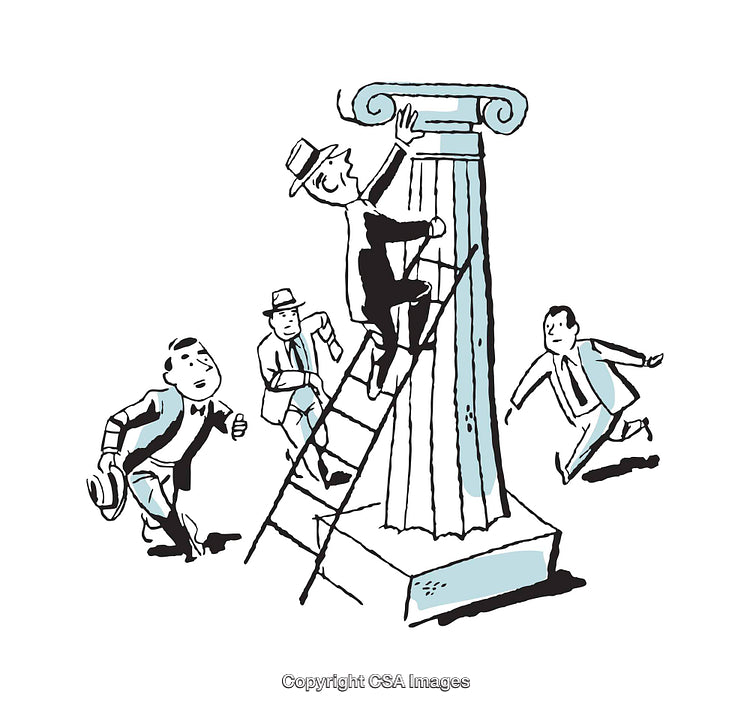 Cartoon of Individuals Striving to Scale a Classical Column