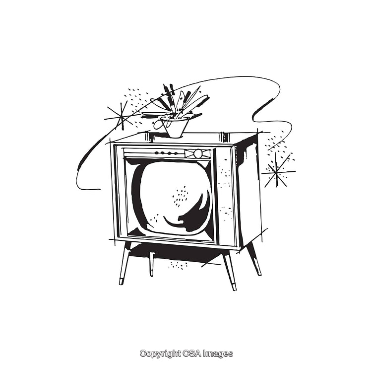 Retro Television with Static and Decorative Household Items in Black and White