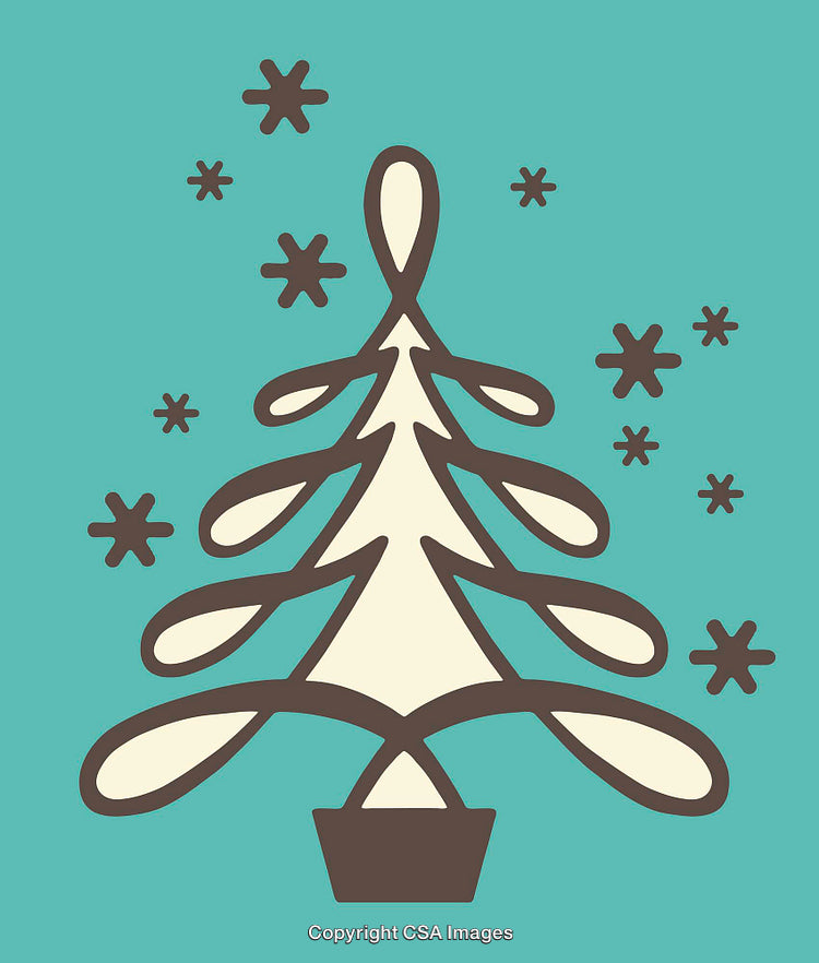 Stylized Christmas Tree Design With Festive Snowflakes on a Teal Background