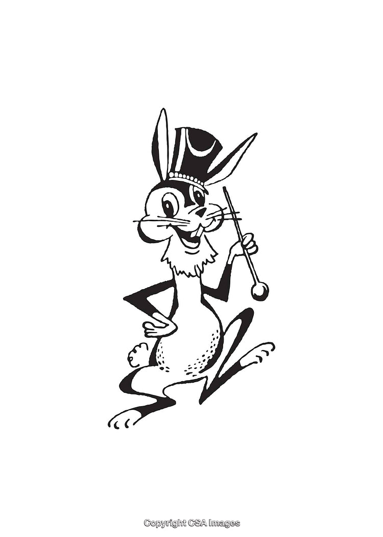Line Art of Cartoon Rabbit in Fancy Hat with Cane
