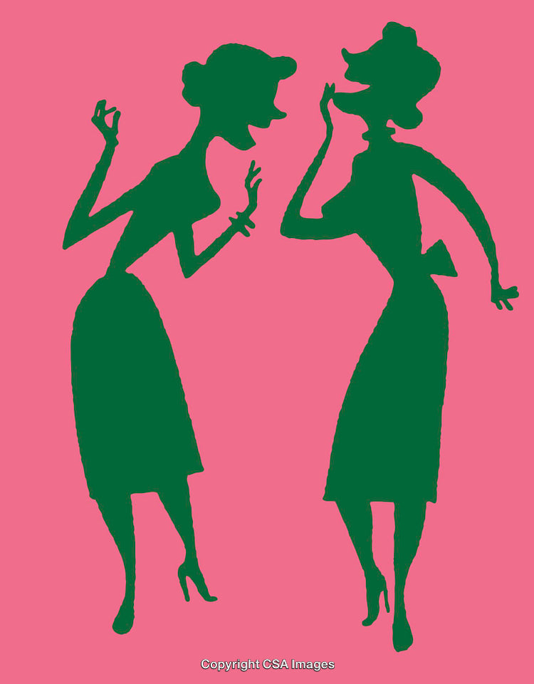 Retro Style Silhouettes of Women in Conversation on Vibrant Background