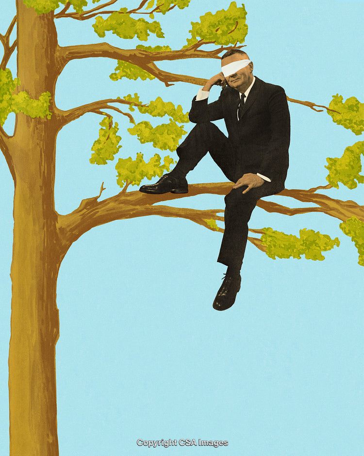 Blindfolded Businessman Sitting on a Tree Branch in a Surreal Setting
