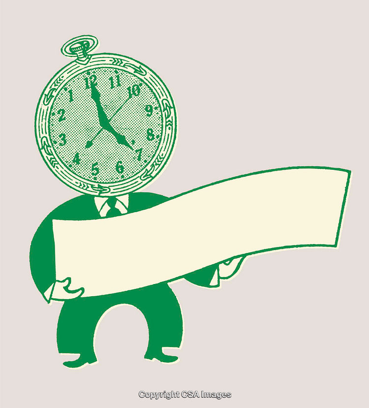 Vintage Style Drawing of a Clock-Headed Character Holding a Blank Banner
