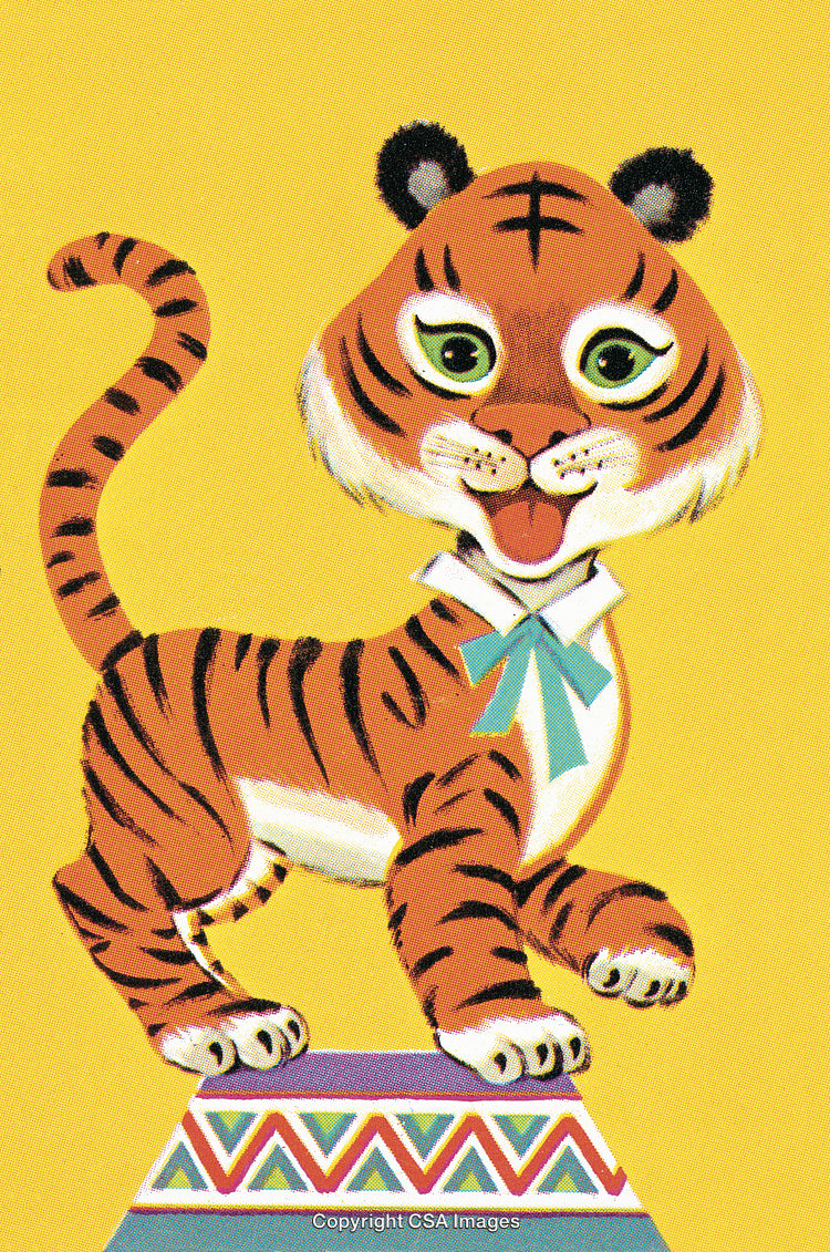 Cute Cartoon Tiger Character Perched on a Decorative Colorful Pedestal