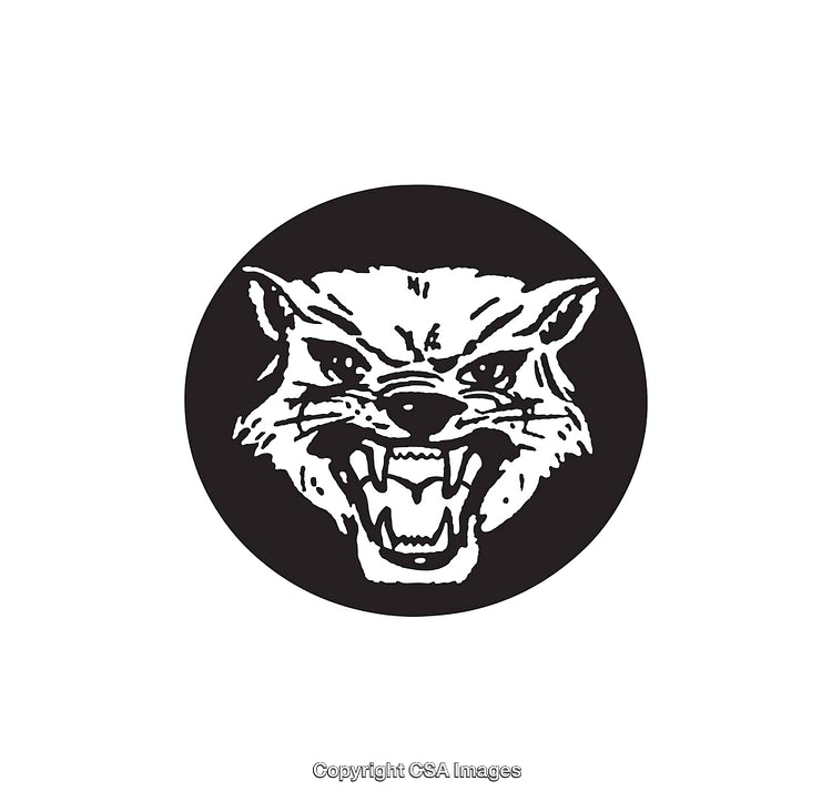 Black and White Illustration of a Fierce Animal Face in Circle