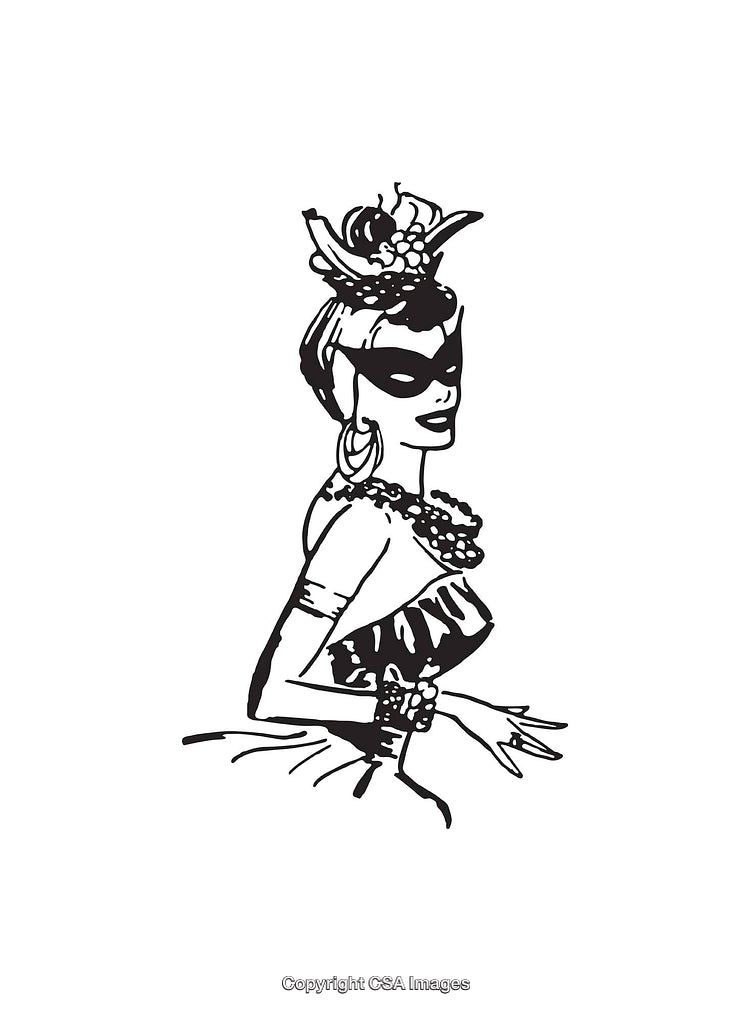Elegant Black and White Illustration of a Masked Woman in Carnival Attire
