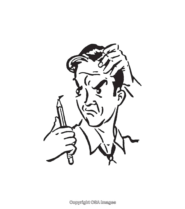 Black and White Illustration of a Person Holding a Pen Thoughtfully