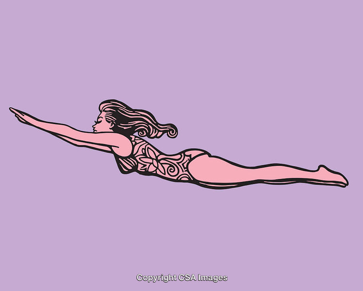 Colorful Line Art of a Woman Swimming with Decorative Patterns