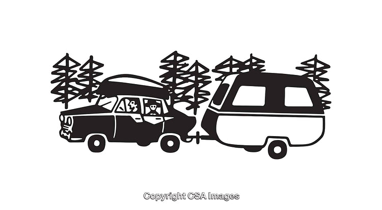 Family Road Trip with Camper Trailer in Black and White Illustration