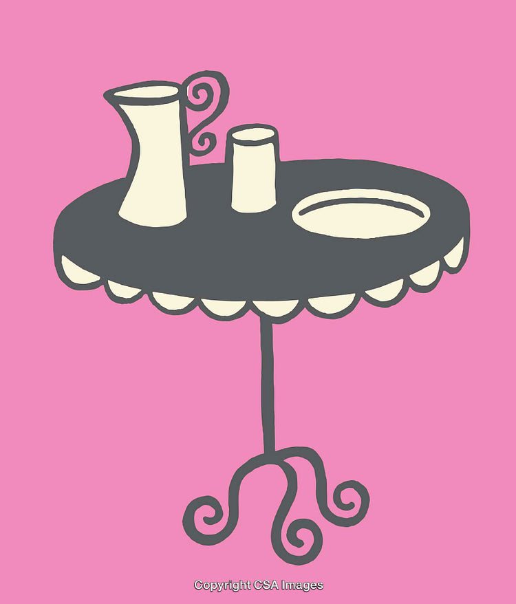 Decorative Table with Vase, Plate, and Cup on Pink Background