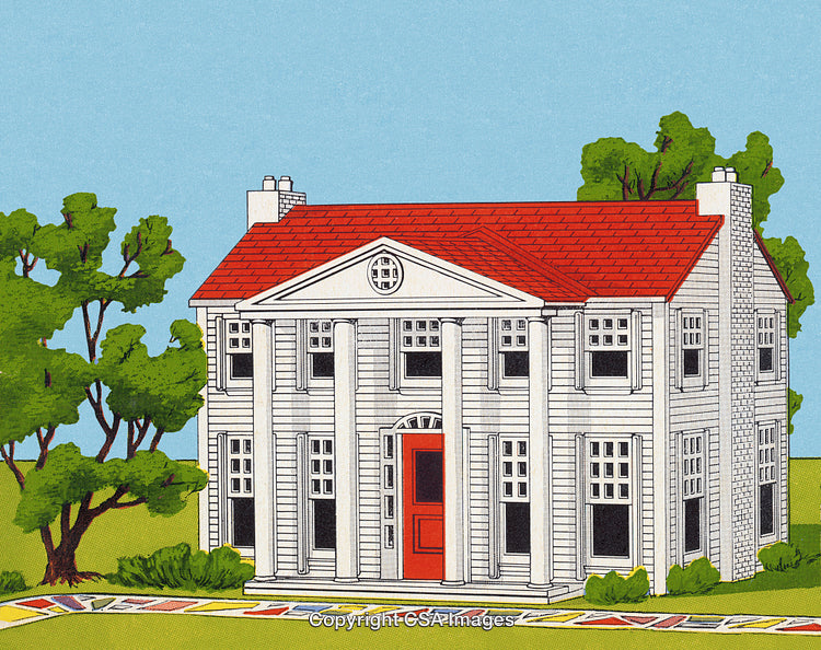 Classic Colonial Style House with Red Roof and Surrounding Greenery