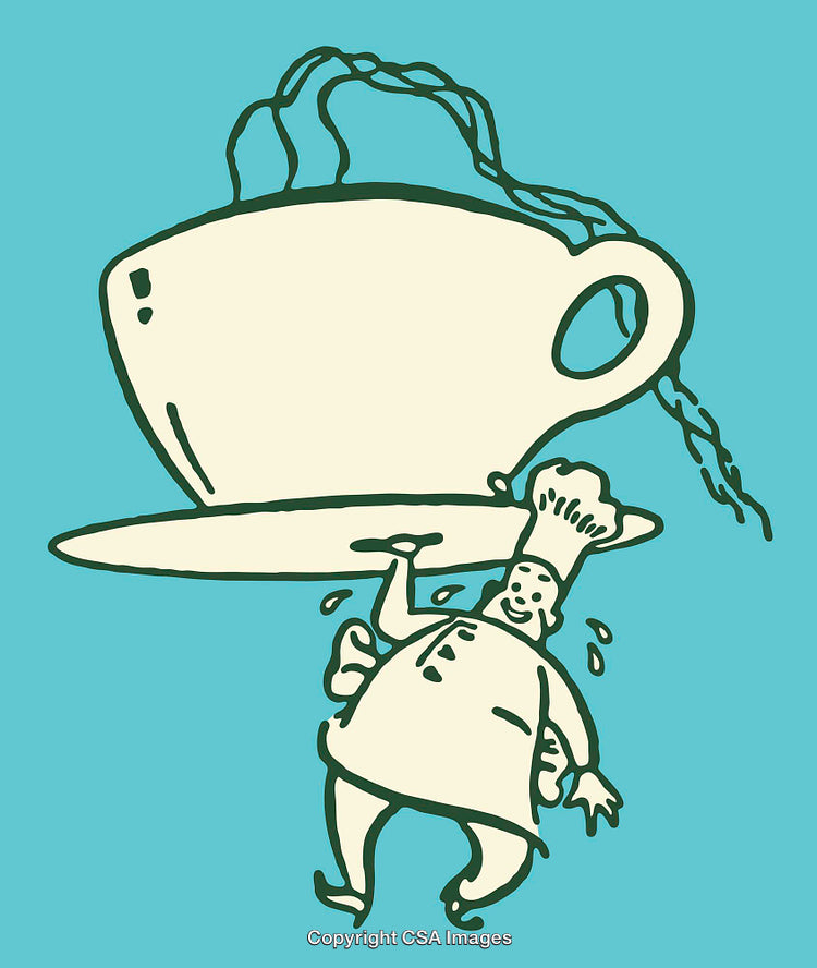 Whimsical Illustration of a Chef Carrying a Large Teacup With a Smile